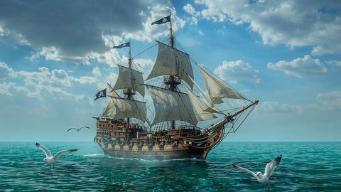 Majestic pirate ship sailing tranquil seas under blue skies