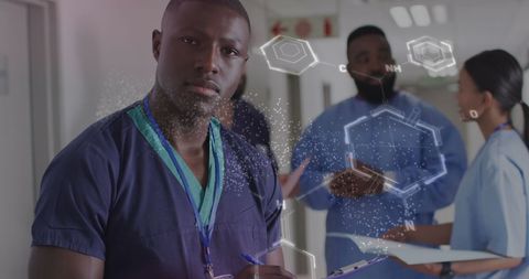 Diverse Medical Team Analyzing Digital Molecular Structures in Hospital