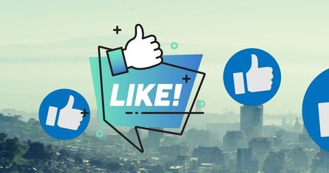 Like icons overlaying urban cityscape depicting social media influence