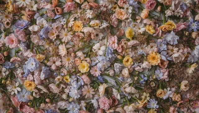 Filling pastel florals over pale tabletop featuring roses, ranunculus, daisies and greenery