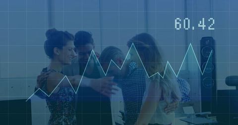 Diverse team celebrating business success with growth graph overlay