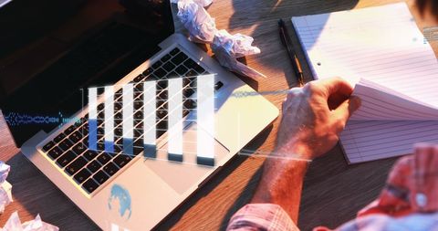 Man analyzing digital data with multiple exposure effects