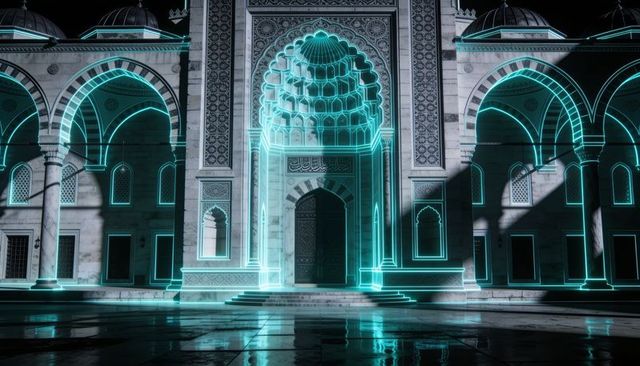 Glowing cyan neon outlined ottoman portal emitting light in wet marble courtyard at night