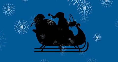 Santa Riding Sleigh Silhouette with Snowflake Background
