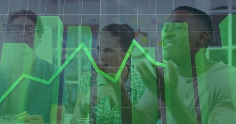 Diverse team celebrating business progress with financial data overlay