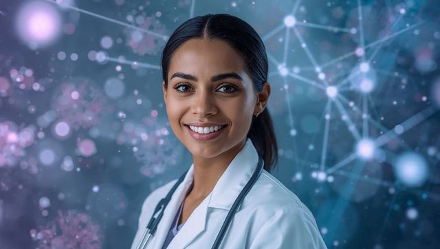 Smiling Female Physician Wearing Lab Coat and Stethoscope with Digital Health Network