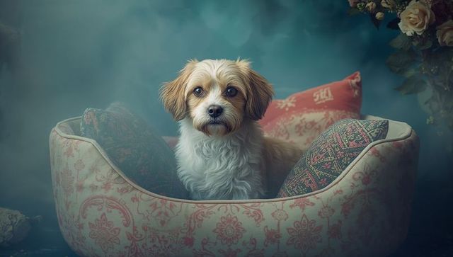 Terrier nestled in luxurious pink floral bed with classic pillow decor