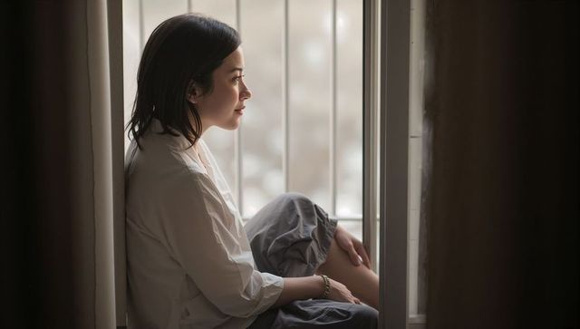 Calm woman sitting on apartment balcony ledge gazing contemplatively through window at soft daylight