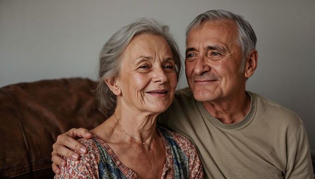 Senior couple embracing on leather sofa sharing warm smile and quiet lifelong companionship