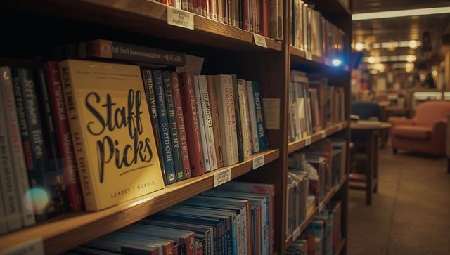 Showcasing staff picks on warm wooden bookshelf with cozy reading nook