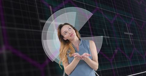 Woman Presenting Virtual Data with Chart and Grid Background