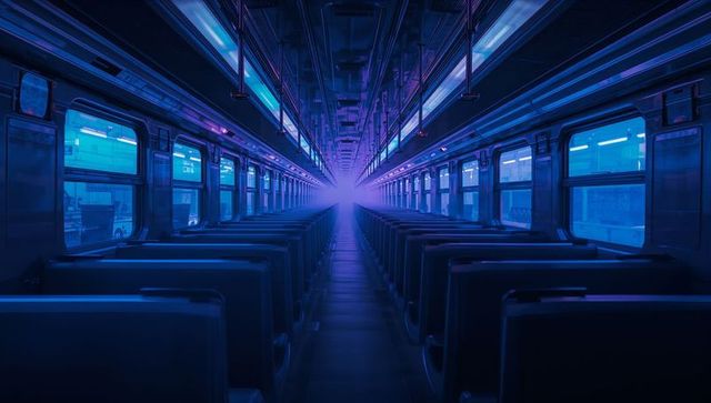 Futuristic train interior with neon lighting
