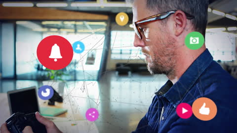 Innovative Businessman Navigating Digital Notifications in Office