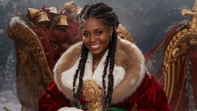 Festive Winter Elegance with Fur-Trimmed Velvet Robe and Golden Sleigh Bells