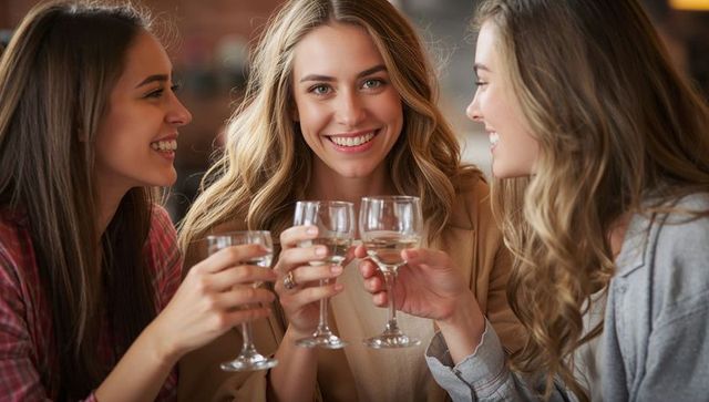 Three friends toasting with white wine in cozy bar celebrating friendship and night out