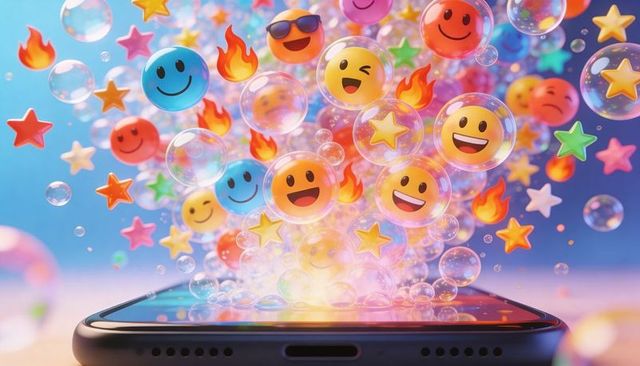 Emoji explosion rising from smartphone screen with bubbles, stars, flames and sparkles