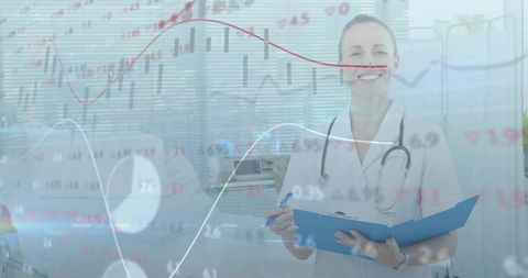 Nurse reviewing clinical data on clipboard with stethoscope, digital hospital analytics