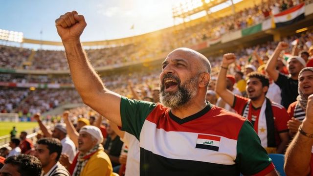 Iraqi football fan cheering with raised fist in packed stadium at golden hour