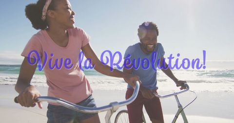 Joyful beach cycling experience with lively slogan