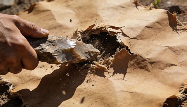 Hand scraping animal hide with flint flake while dust flies — flintknapping closeup