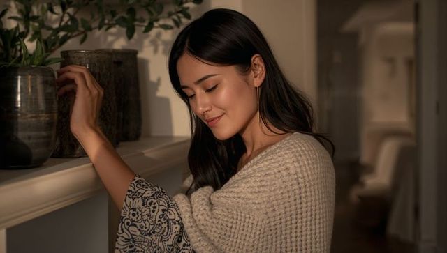Woman in cozy knit sweater touching ceramic vase on mantel, warm golden hour interior