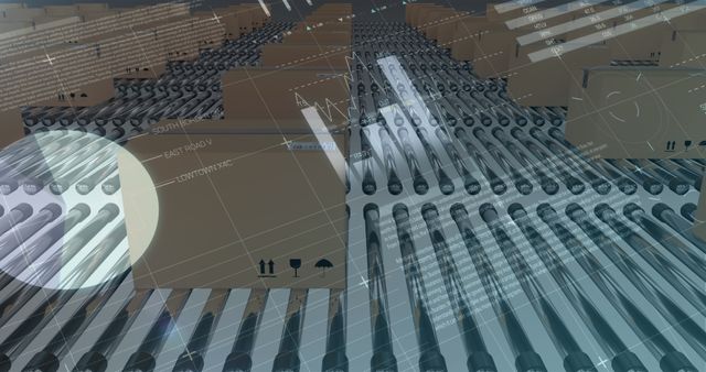 Digital representation featuring cardboard boxes on automated conveyor belts with overlaid statistical data signifies the importance of technology in logistics and global shipping. Suitable for articles about supply chain optimization, automated warehousing, and global distribution systems.