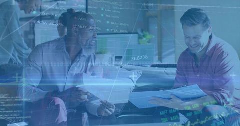 Innovative business meeting in modern living room with digital overlay