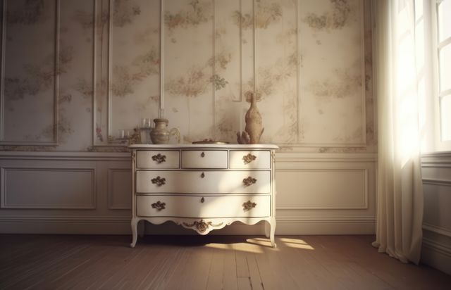 Antique style white chest of drawers in sunlit classic room, created using generative ai technology. Bedroom furniture, design and interior decoration concept digitally generated image.