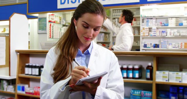 Pharmacists performing duties in pharmacy, with one woman writing in a notepad and another person working in background. Suitable for healthcare, pharmacy, pharmaceutical industry, medication management applications.