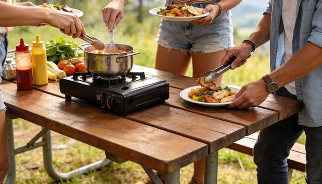 Friends cooking outdoors on portable gas stove plating colorful picnic meal at wooden table