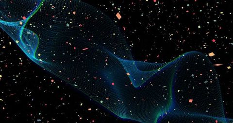 Flowing neon mesh ribbon crossing cosmic void with glowing confetti particles and depth