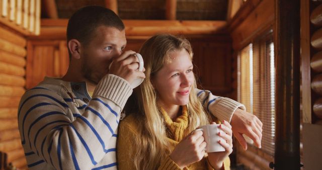 Couple standing close together inside a warmly lit, wooden cabin. Both are holding hot cups and enjoying the indoor ambiance. The man leans into the woman as they look out the window. Ideal for themes like relaxation, comfort, togetherness, winter holidays, cozy indoor activities.