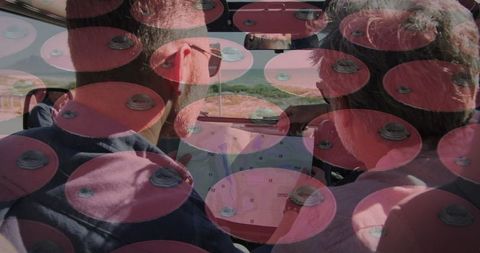 Friends navigating road trip with technology overlay