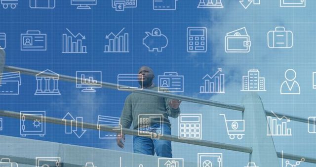 Man surrounded by financial icons on urban rooftop