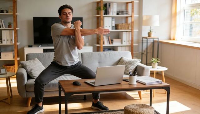 Man stretching during remote work in sunlit living room boosting focus and productivity