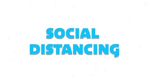 Bold Blue Social Distancing Text Disintegrating on White Background