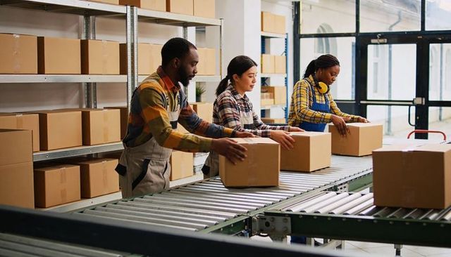 Warehouse team packing boxes on conveyor belt with hearing protection, efficient logistics