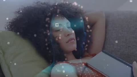 Relaxed Woman Using Smart Tech with Digital Biometrics Overlay