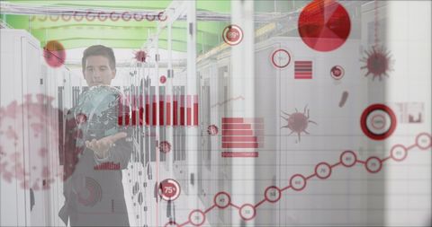 Caucasian Technician Analyzing Data in Server Room with Digital Interfaces