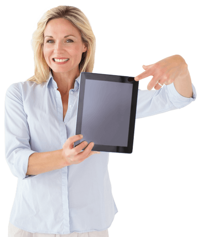 Smiling Businesswoman Holding Tablet with Transparent Background - Download Free Stock Videos Pikwizard.com
