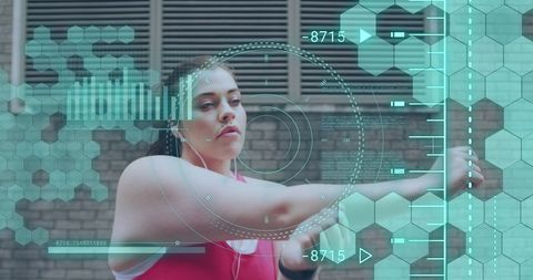 Digital overlay on woman exercising in urban environment