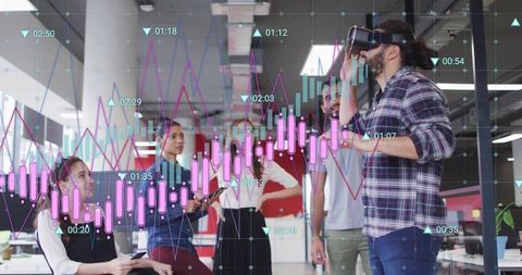 Immersive vr data visualization workshop with team collaborating on financial analytics