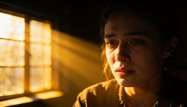Tearful latina woman gazing through sunlit window at golden hour, emotional portrait, closeup