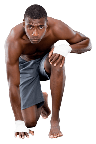 Fit African American Sportsman Kneeling on Transparent Background