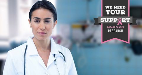 female doctor in medical attire with stethoscope, featured prominently alongside breast cancer awareness messaging, emphasizes the need for support in research and healthcare initiatives. ideal for campaigns related to health awareness, medical research fundraising, and educational resources to promote attention to breast cancer issues.