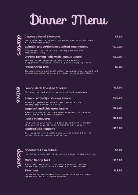 This minimalist-designed dinner menu features elegant typography on a purple background. The menu categories include Appetizers, Entrees, and Dessert, showcasing appealing food offerings. Perfect for upscale restaurants, fine dining establishments, or gourmet events. Ideal for print and digital formats for easy display.