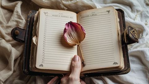 Vintage journal with dried flower on textured textile