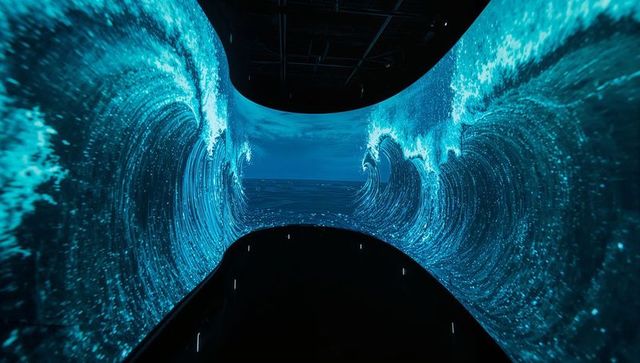 Immersive blue digital wave tunnel glowing with curved screens and glossy black walkway