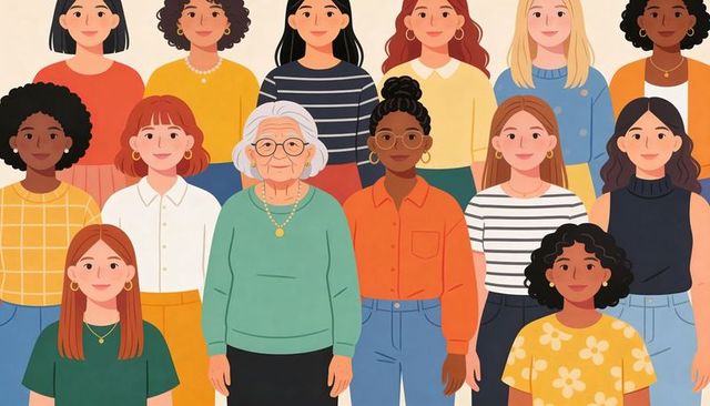 Multigenerational diverse women featuring senior woman in green sweater and gold pendant
