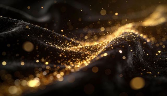 Golden glitter trail on black velvet fabric with bokeh lighting and shimmering dust macro